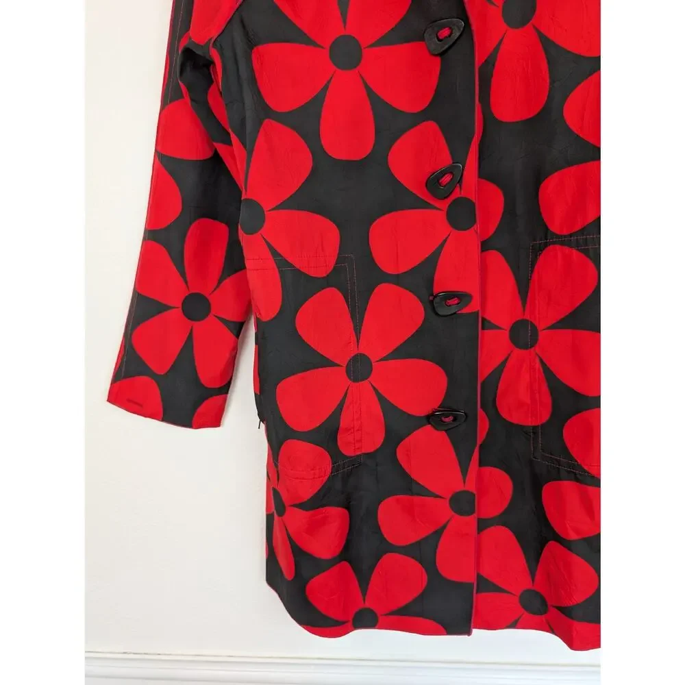 UBU Raincoat Reversible Pleated Floral Hooded Spring Fall Quirky Red Size S